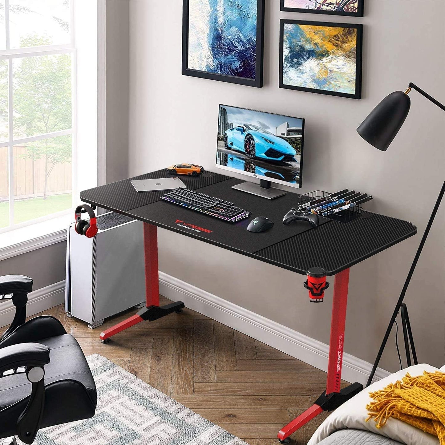 Gaming Desk 63 Inch, Ergonomic Gamer Computer Desk with Mouse Pad, PC Gaming Tables with Gaming Handle Rack, Cup Holder Headphone Hook